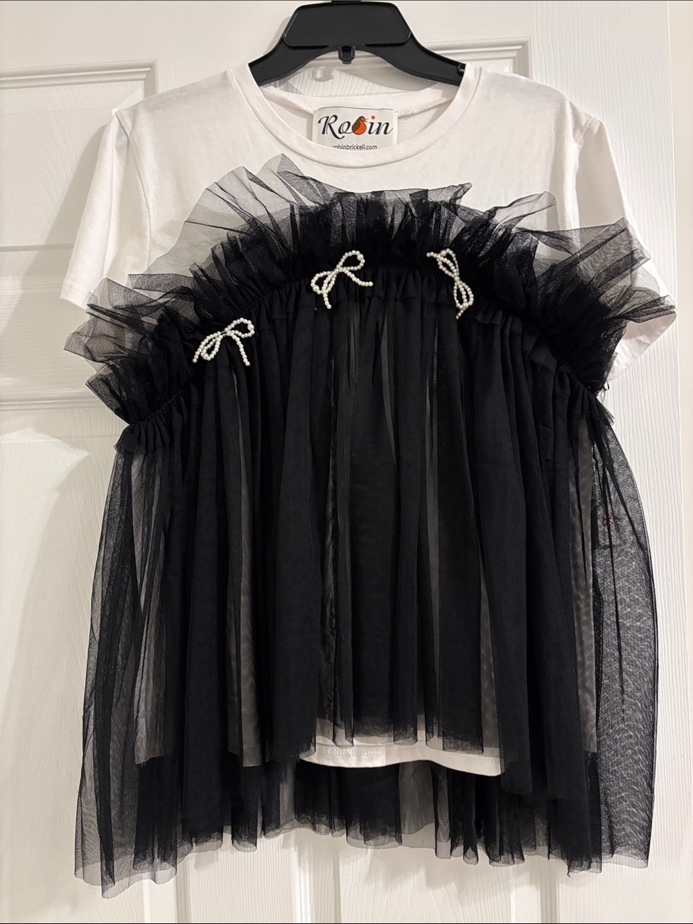 Robin White Tee with Black Tulle Overlay and Pearl Bows